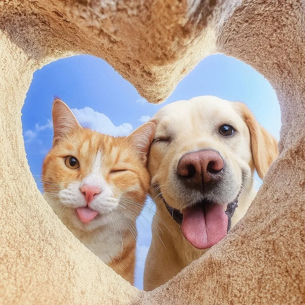 Un chat et un chien souriant ensemble, l'air très heureux.