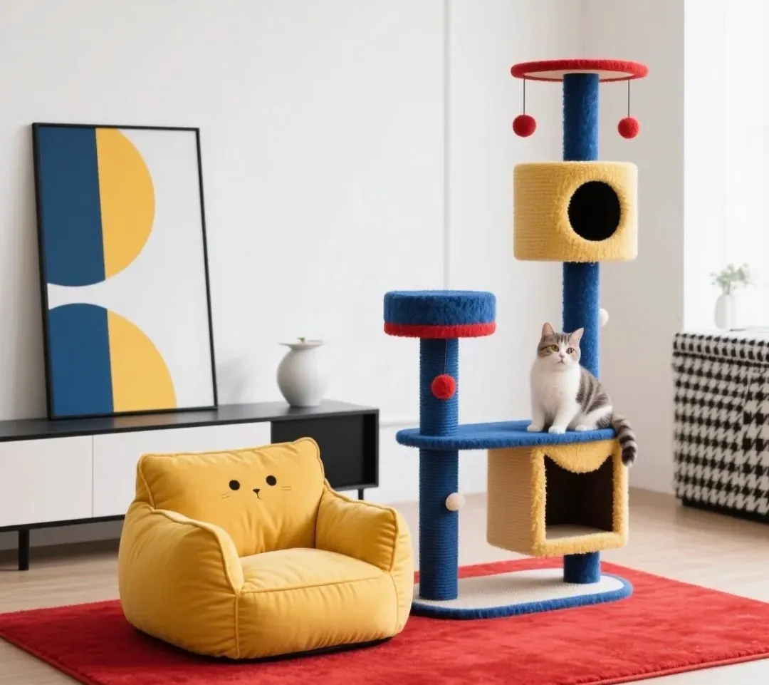 chat avec arbre chat et canape jaune tapis - Animimi