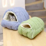 Niche-Chat-Semi-Fermée-Lavable-Douce-Hiver-4-Saisons-bleu-vert Niche Chat Semi-Fermée Lavable Douce Hiver 4 Saisons bleu et vert