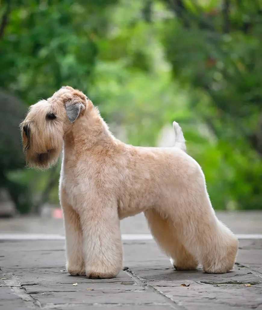 Terrier Wheaten avec pelage soyeux couleur blé caractéristique