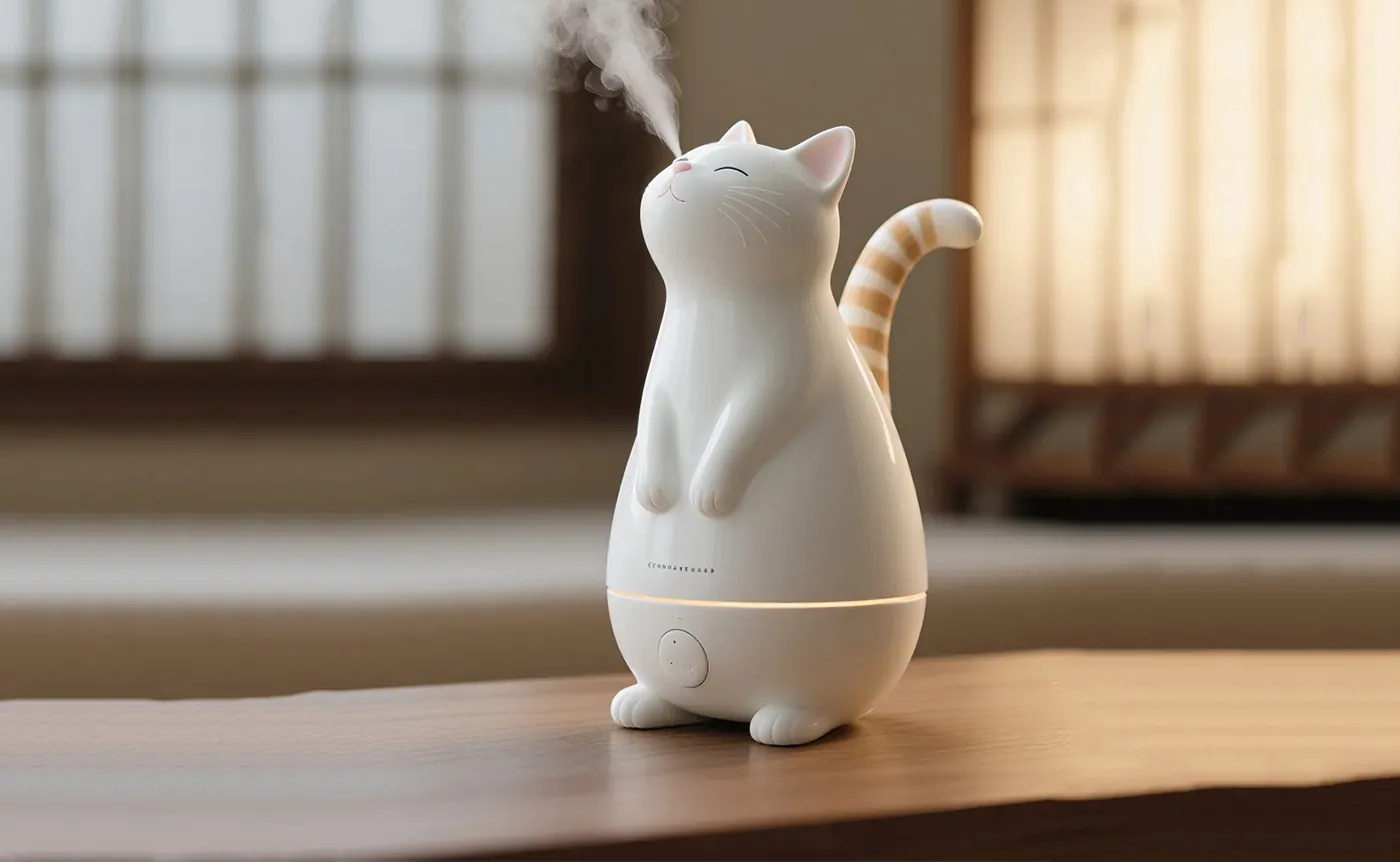 Humidificateur d'air dans un intérieur avec chat pour maintenir une humidité optimale de 40-60% et réduire l'électricité statique