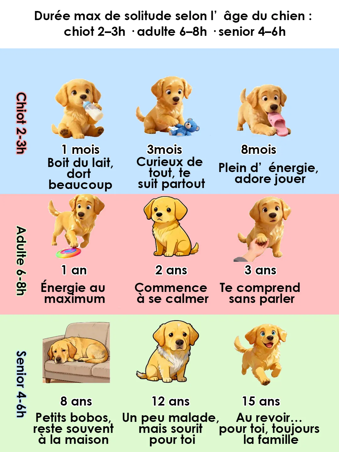 Quel Chien Peut Rester Seul Toute la Journée ? 11 Races Indépendantes Graphique montrant les durées maximales recommandées de solitude selon l'âge du chien: chiot 2-3h, adulte 6-8h, senior 4-6h
