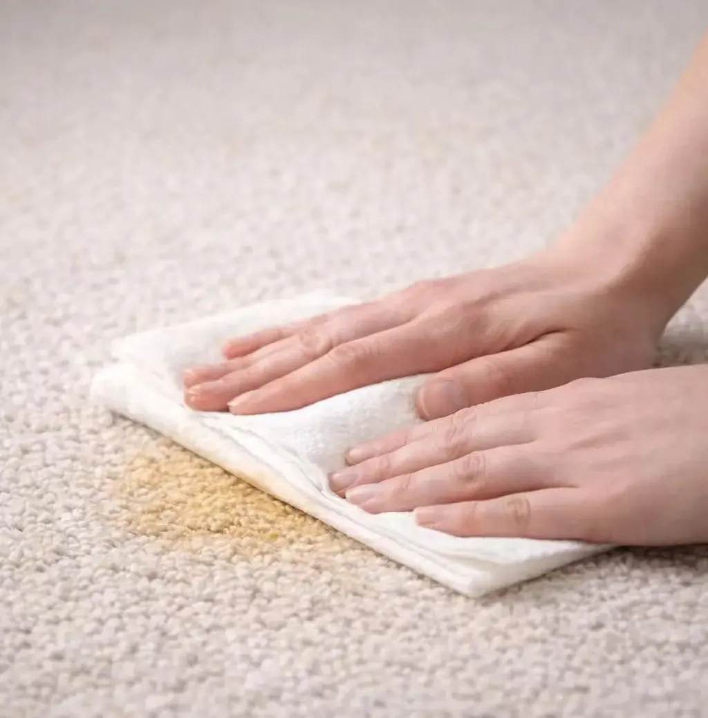 Comment Enlever l'Urine de Chat sur le Canapé et le Matelas : Solution Efficace Main tamponnant délicatement une tache d'urine fraîche sur un coussin de canapé avec du papier absorbant - technique correcte de nettoyage
