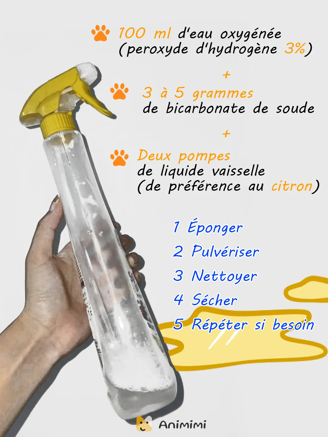 Comment Enlever l'Urine de Chat sur le Canapé et le Matelas : Solution Efficace Photo montrant la préparation de la solution nettoyante dans un vaporisateur avec les trois ingrédients visibles