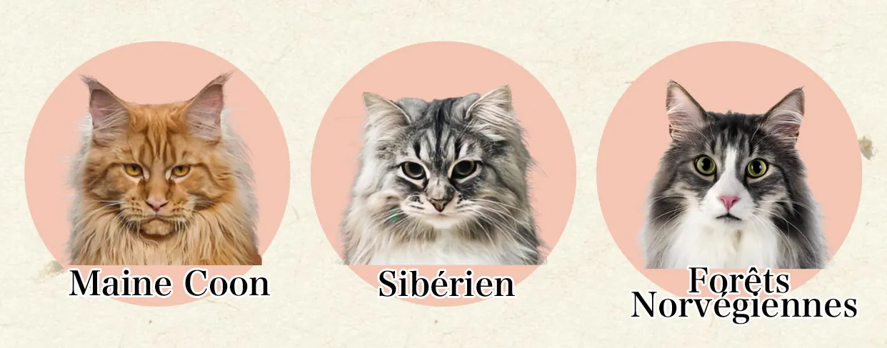 Maine Coon, Sibérien ou Norvégien : Comment Les Différencier Facilement Comparaison de face des trois races de chats - Maine Coon avec tête carrée, Sibérien avec tête ronde, Norvégien avec tête triangulaire
