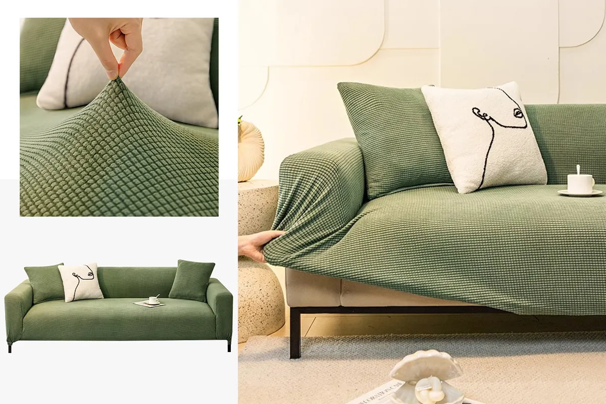 Housse de canapé extensible en tissu polyester vert ardoise, bien tendue sur un canapé 2 places avec chat allongé dessus