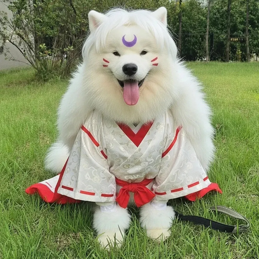 Samoyède déguisé en Inuyasha — le pelage blanc naturel de la race se fond parfaitement dans le costume du personnage de manga