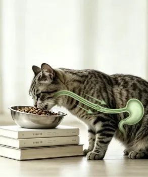 Gamelle ludique pour chat : quel modèle choisir ? Chat senior âgé mangeant dans un bol surélevé ergonomique, position confortable pour arthrose
