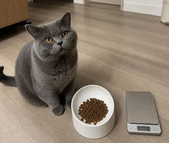 Gamelle ludique pour chat : quel modèle choisir ? Balance de cuisine avec ration de croquettes pour chat, mesure précise de la quantité journalière