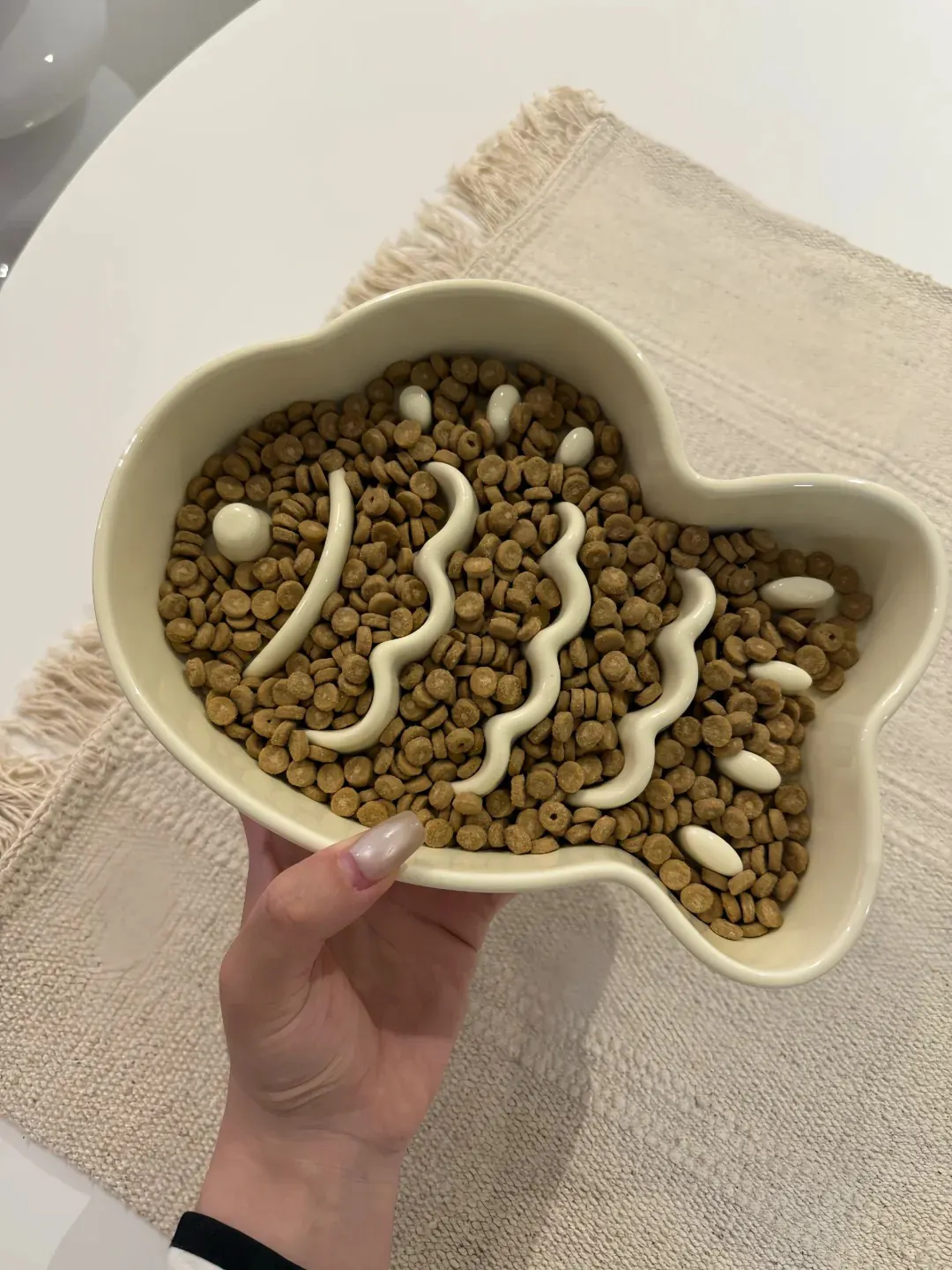 Gamelle ludique pour chat : quel modèle choisir ? Gamelle labyrinthe pour chat vue de dessus avec croquettes dans les couloirs et tunnels