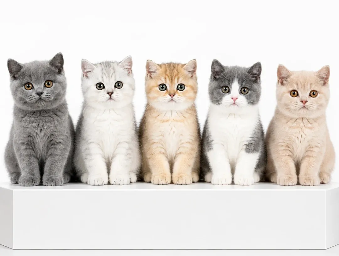 Mosaïque de British Shorthair dans différentes couleurs de robe : bleu aux yeux orange, golden aux yeux verts, colourpoint aux yeux bleus, chocolat, lilas et silver — montrant la diversité unique de la race