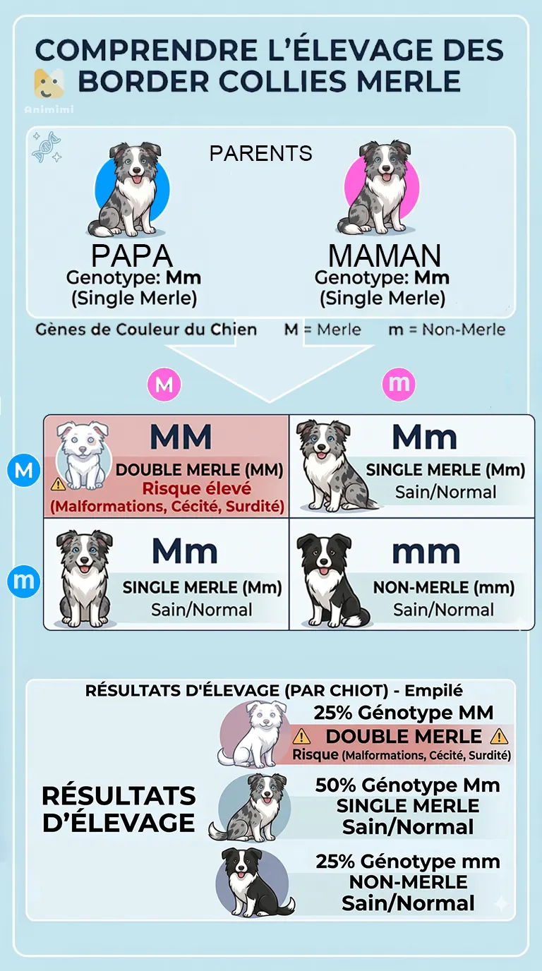 Schéma explicatif de la génétique merle chez le Border Collie : parent merle simple (Mm) x parent non-merle (mm) donnant 50% de chiots merle et 50% de non-merle — croisement responsable sans risque de double merle