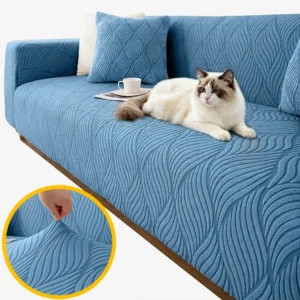 Housse Canapé Jacquard Ondulé bleu, chat Ragdoll allongé sur canapé, motif vagues fluides