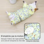 combinaison-corgi-ventre-ouvert Corgi en combinaison de protection du ventre, allongé sur le dos, avec un insert montrant la zone de l'entrejambe découpable. Texte "N'empêche pas la miction" en français.