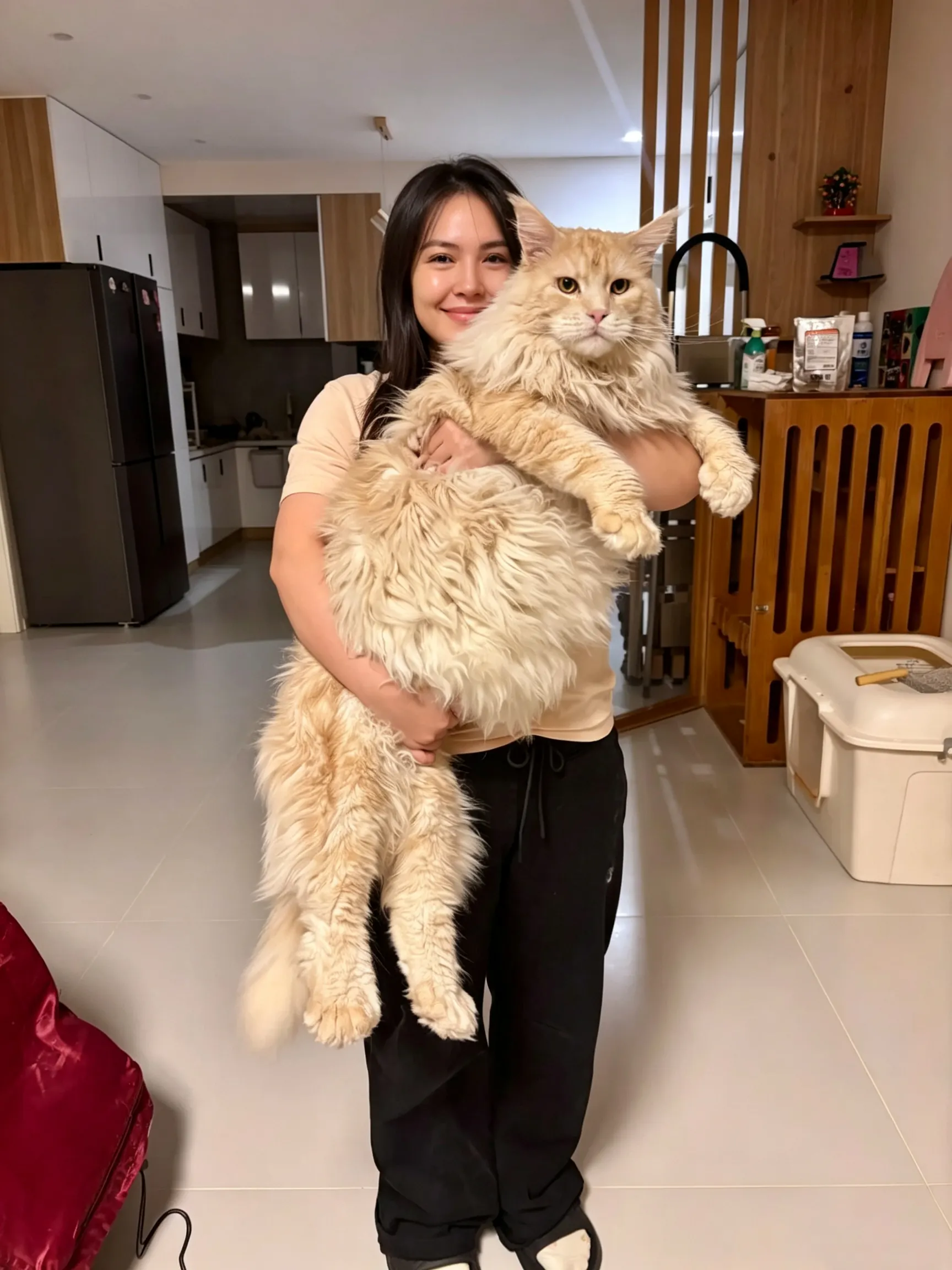Chat Poil Long : Quelle Race Choisir pour Vous ? Une jeune femme tenant dans ses bras un très grand chat Maine Coon au pelage doré