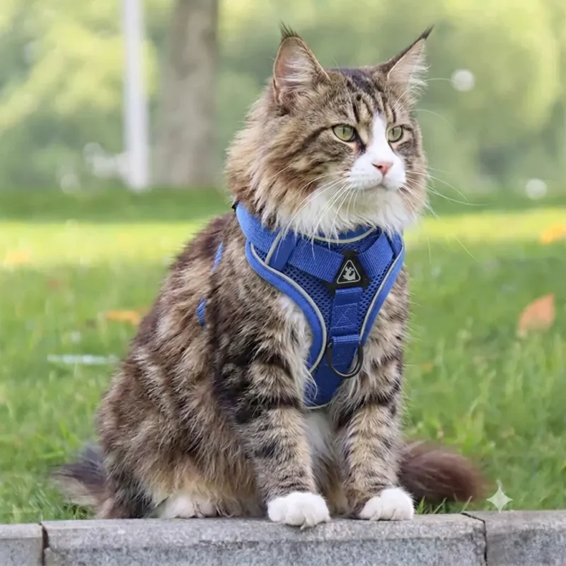Harnais pour chat Main Coon bleu sur pelouse