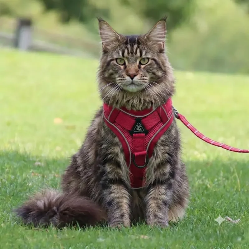 Harnais pour chat Main Coon rouge sur pelouse