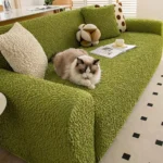 protection-canape-anti-chat-chat-ragdoll Chat Ragdoll assis sur Housse de Canapé Gaufrée Bulle de Crème vert mousse, protection anti-griffes en situation réelle