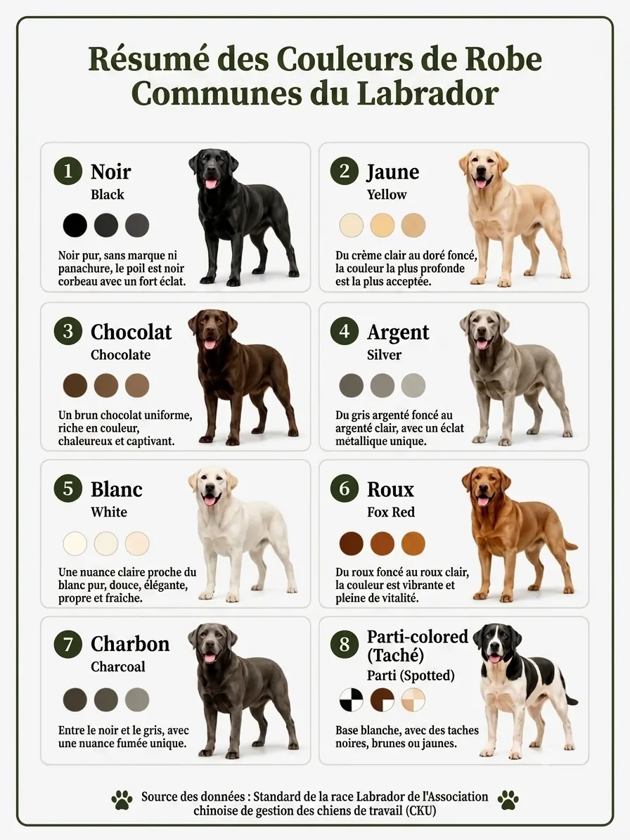 Présentation des huit couleurs reconnues et des caractéristiques de tempérament du Labrador Retriever.
