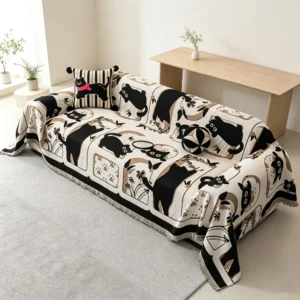 Belle vue d'ensemble du canapé avec le plaid et les coussins, situé dans une pièce lumineuse avec un mobilier en bois clair, montrant l'harmonie des couleurs.
