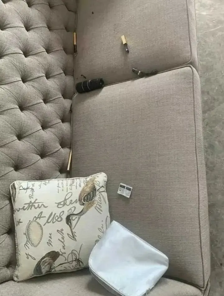 Labrador : 4 défauts vécus après 7 ans avec le mien Angle de canapé capitonné rongé jusqu'au tissu, coussin déchiré au sol