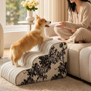 Corgi qui monte sur le canapé par un escalier pour chien noir et blanc