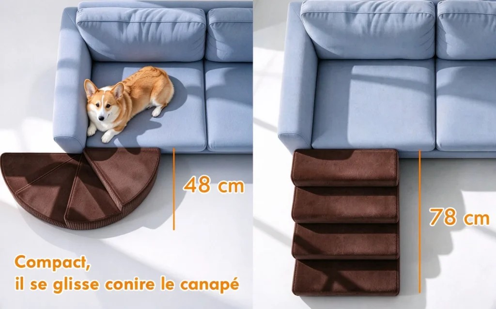 Escalier pour Chien en Éventail – Velours Côtelé, Gain de Place, Idéal Corgi Escalier pour chien en éventail de 48 cm d'avancée comparé à un escalier classique de 78 cm, contre un canapé