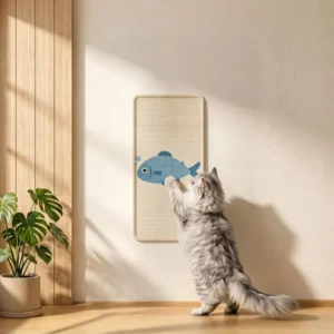 Chaton à poil long qui griffe le poisson bleu d'un griffoir mural en sisal