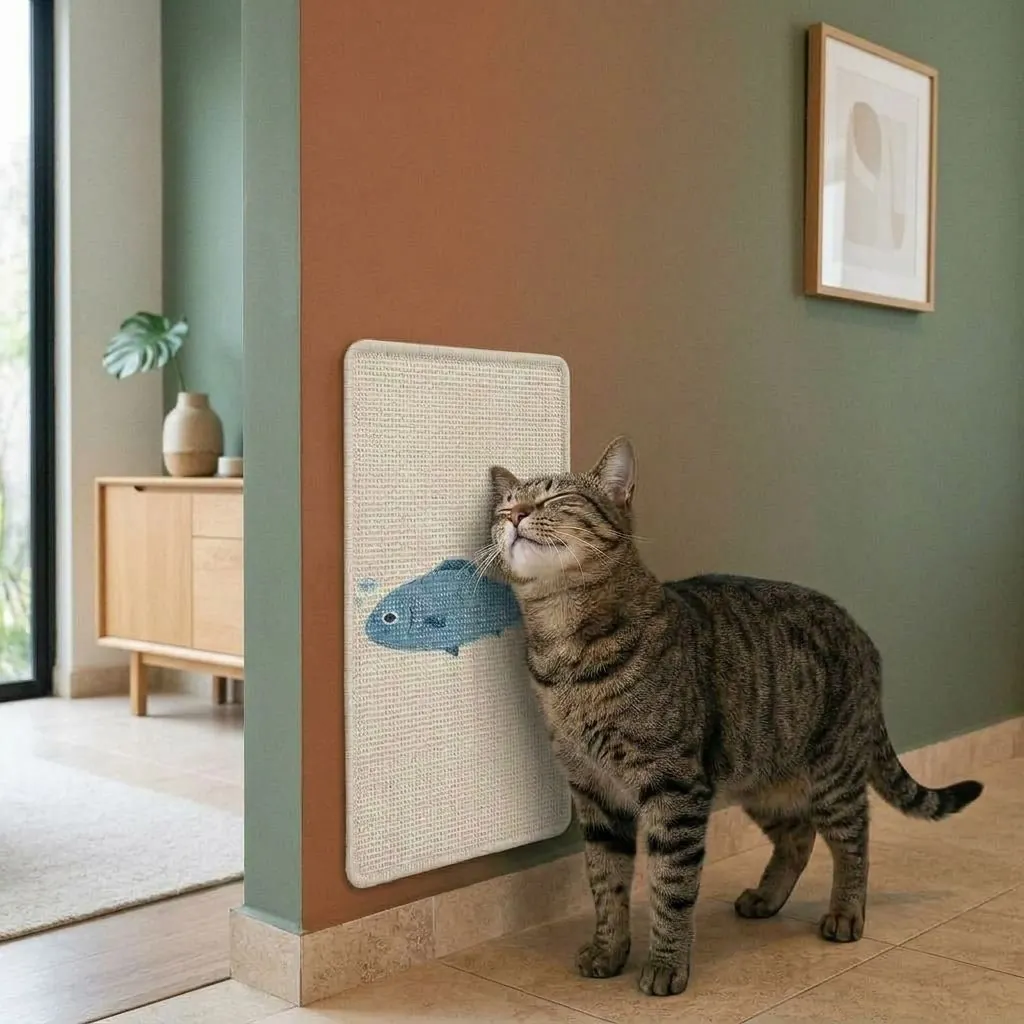 Griffoir Mural Chat en Sisal « Poisson » – 60 × 30 cm, à Coller ou au Sol Chat ragdoll qui griffe le griffoir mural « Rétro » fixé au mur