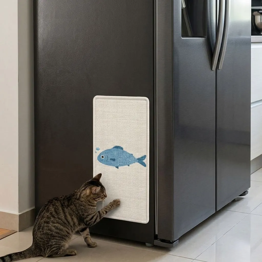 Griffoir Mural Chat en Sisal « Poisson » – 60 × 30 cm, à Coller ou au Sol Griffoir chat « Rétro » collé sur la porte d'un réfrigérateur