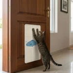 Chat tigré debout qui fait ses griffes sur un griffoir en sisal fixé sur une porte en bois
