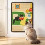 Chat ragdoll assis devant un griffoir mural en sisal illustré, accroché comme un tableau