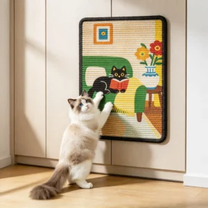 Chat ragdoll qui fait ses griffes sur un griffoir mural en sisal fixé à un placard