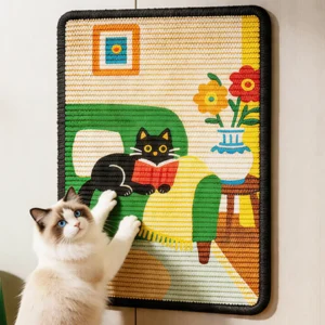Griffoir chat design « Rétro » en sisal, motif chat noir qui lit, chat ragdoll qui fait ses griffes