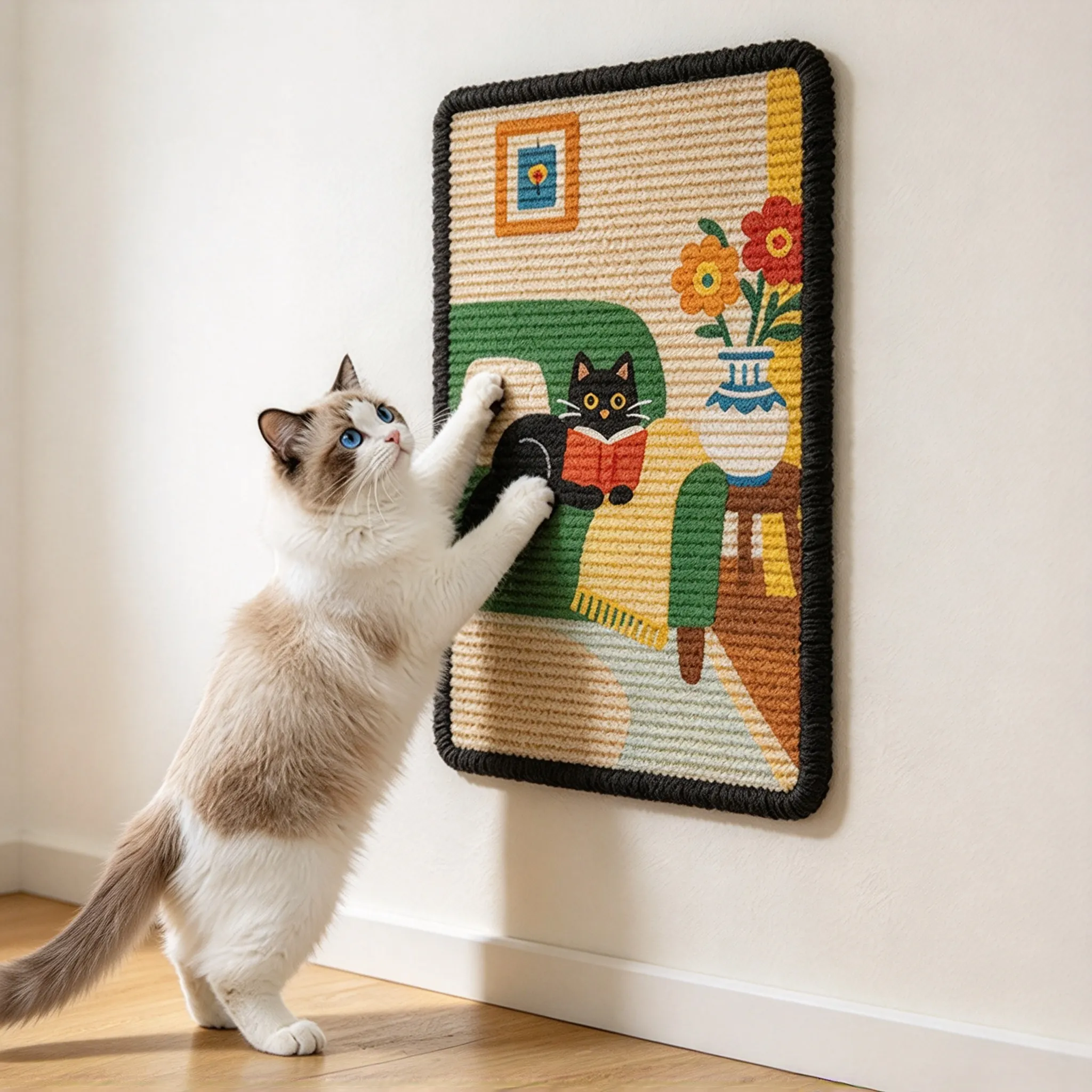 Griffoir Mural Chat Design « Rétro » – Sisal Illustré à Coller Chat ragdoll qui griffe le griffoir mural « Rétro » fixé au mur