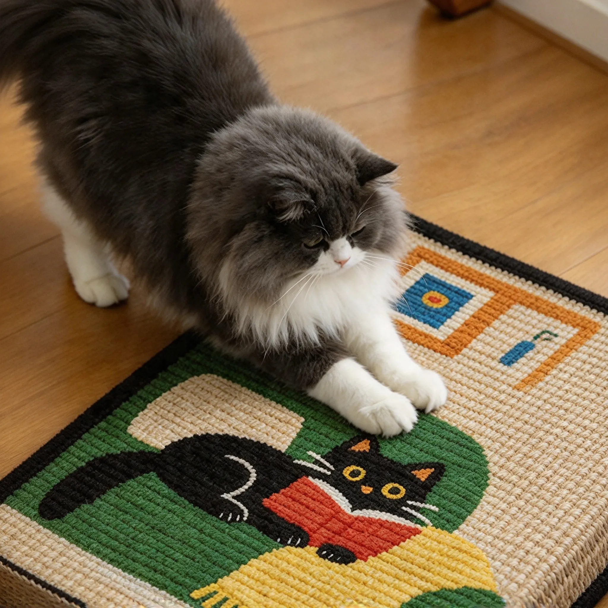 Griffoir Mural Chat Design « Rétro » – Sisal Illustré à Coller Chat qui griffe le griffoir « Rétro » posé au sol comme un tapis griffoir