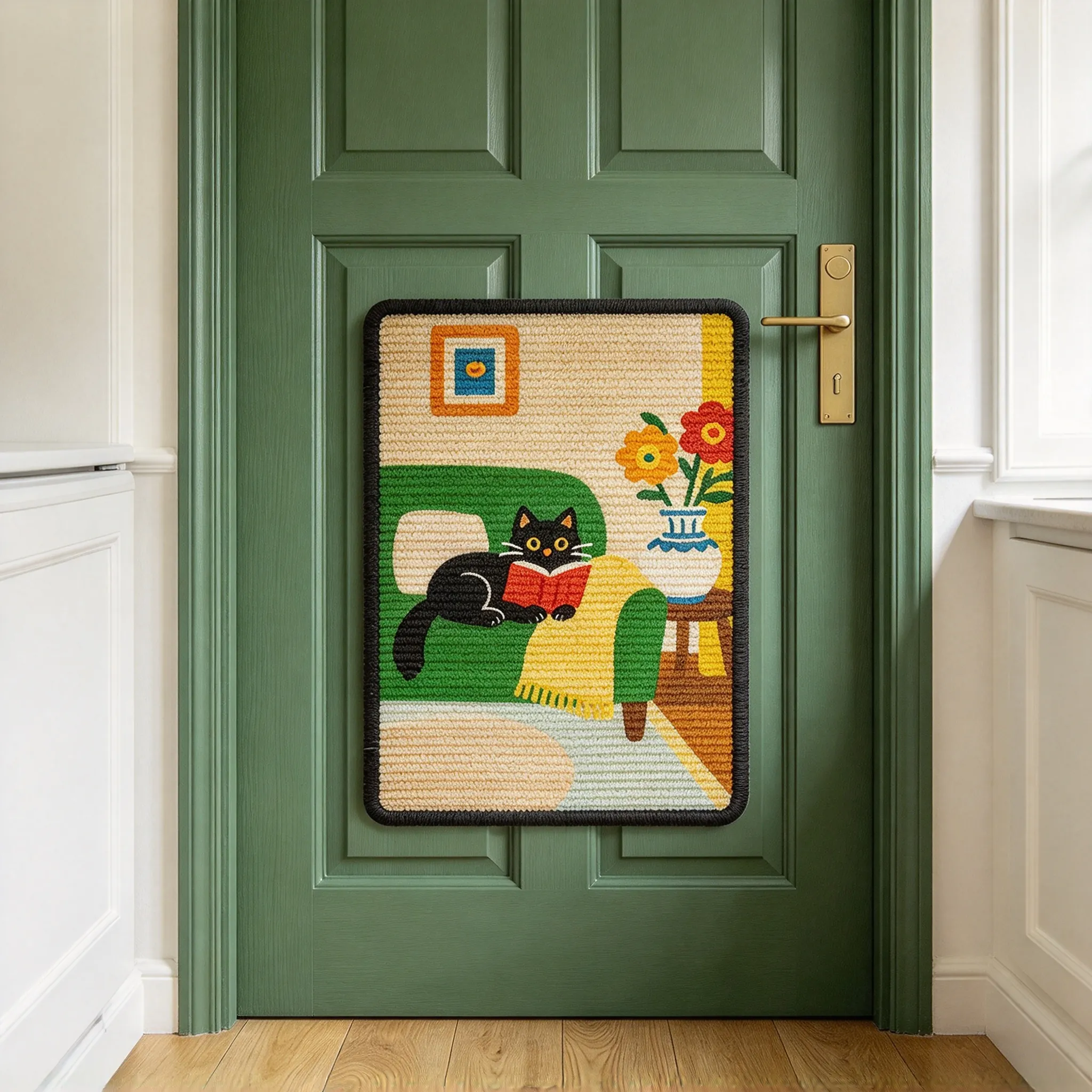 Griffoir Mural Chat Design « Rétro » – Sisal Illustré à Coller Griffoir mural chat « Rétro » fixé sur une porte verte