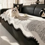 Chat Ragdoll détendu sur un jeté de canapé imperméable gris