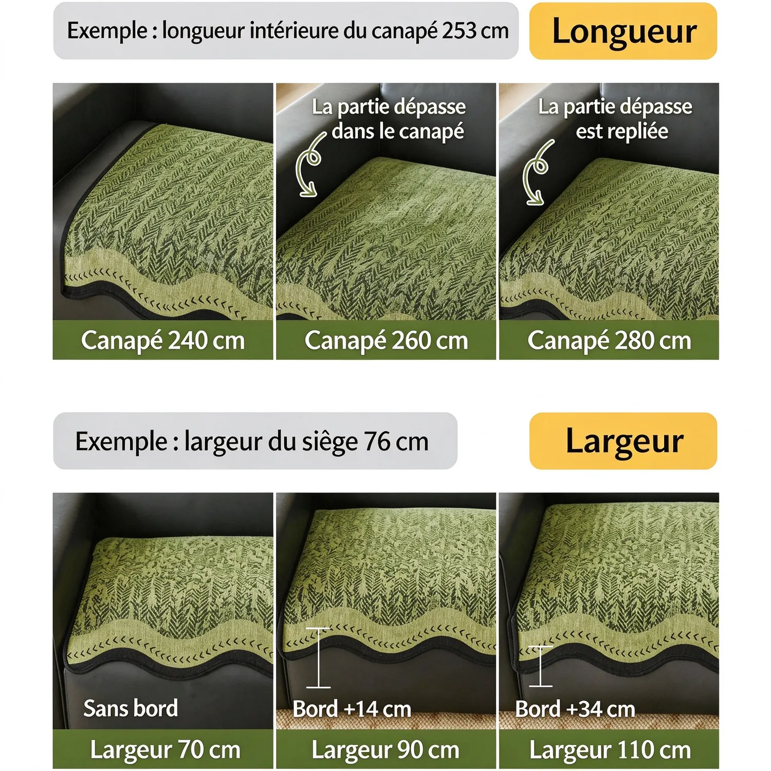 Plaid Canapé Imperméable en Chenille Rétro « Broadway » – Anti-Pipi, Anti-Griffes, Antidérapant Guide des tailles du plaid de canapé : effet selon la longueur et la profondeur choisies