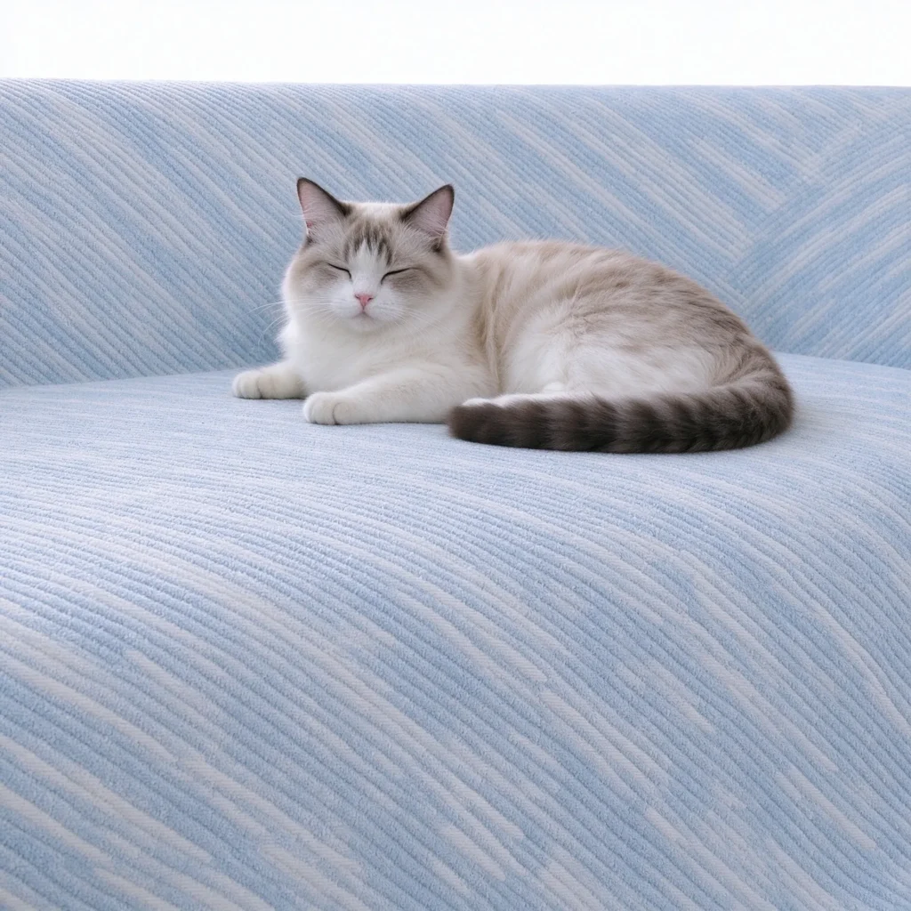 Gros plan sur le tissu jacquard gris perle du jeté de canapé « Vague »