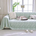 Chat tigré et blanc couché sur un jeté de canapé vert sauge, près de la fenêtre