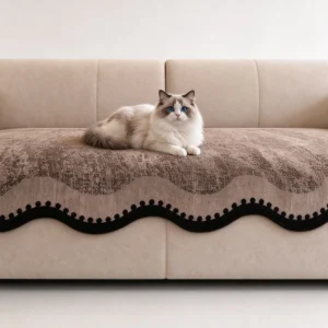 Chat Ragdoll assis sur un canapé beige protégé par un plaid imperméable café