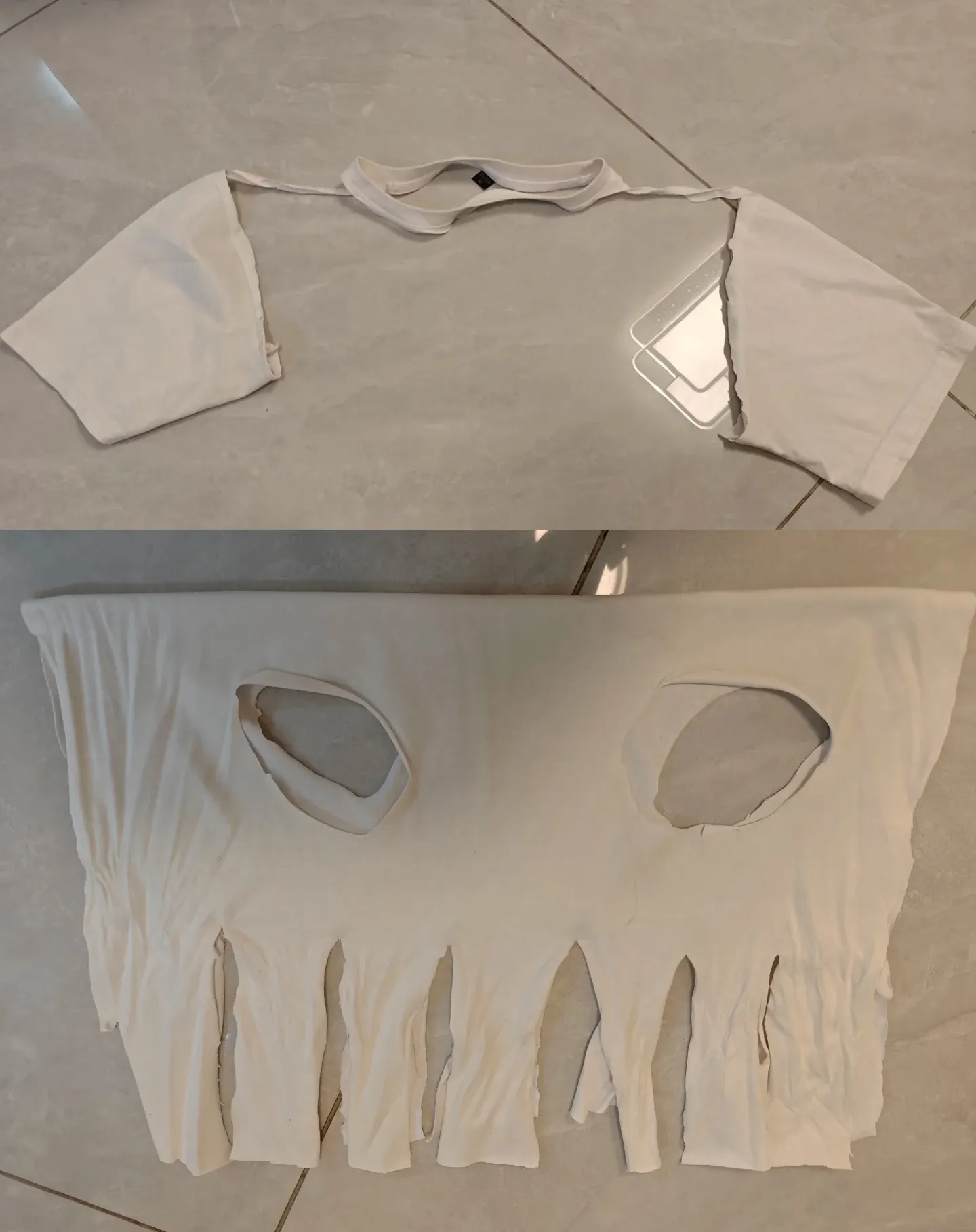 Pan de t-shirt découpé avec deux trous pour les pattes et des lanières sur le côté