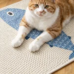 Chat roux et blanc couché sur un tapis griffoir en sisal motif poisson bleu