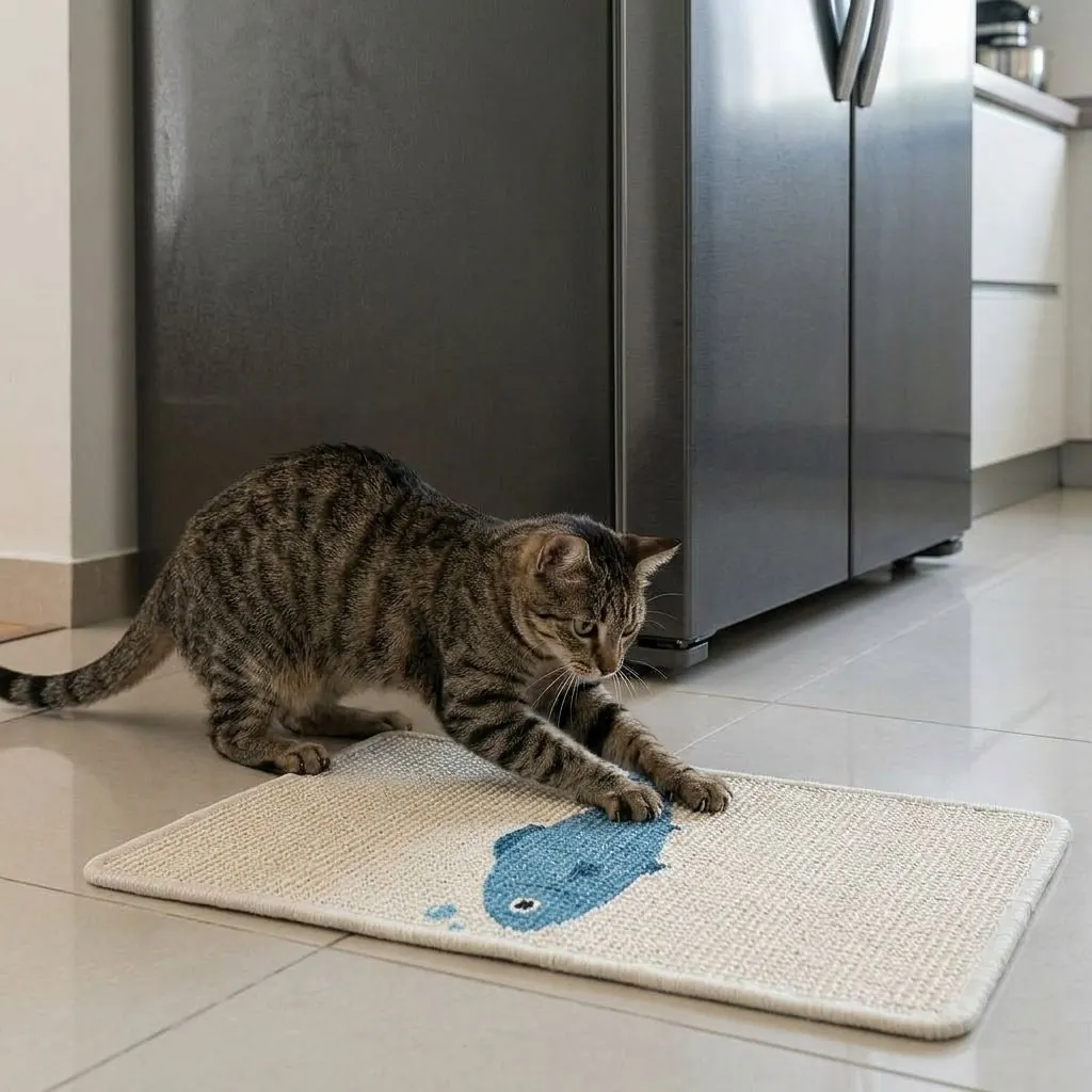 Griffoir Mural Chat en Sisal « Poisson » – 60 × 30 cm, à Coller ou au Sol Chat qui griffe le griffoir « Rétro » posé au sol comme un tapis griffoir